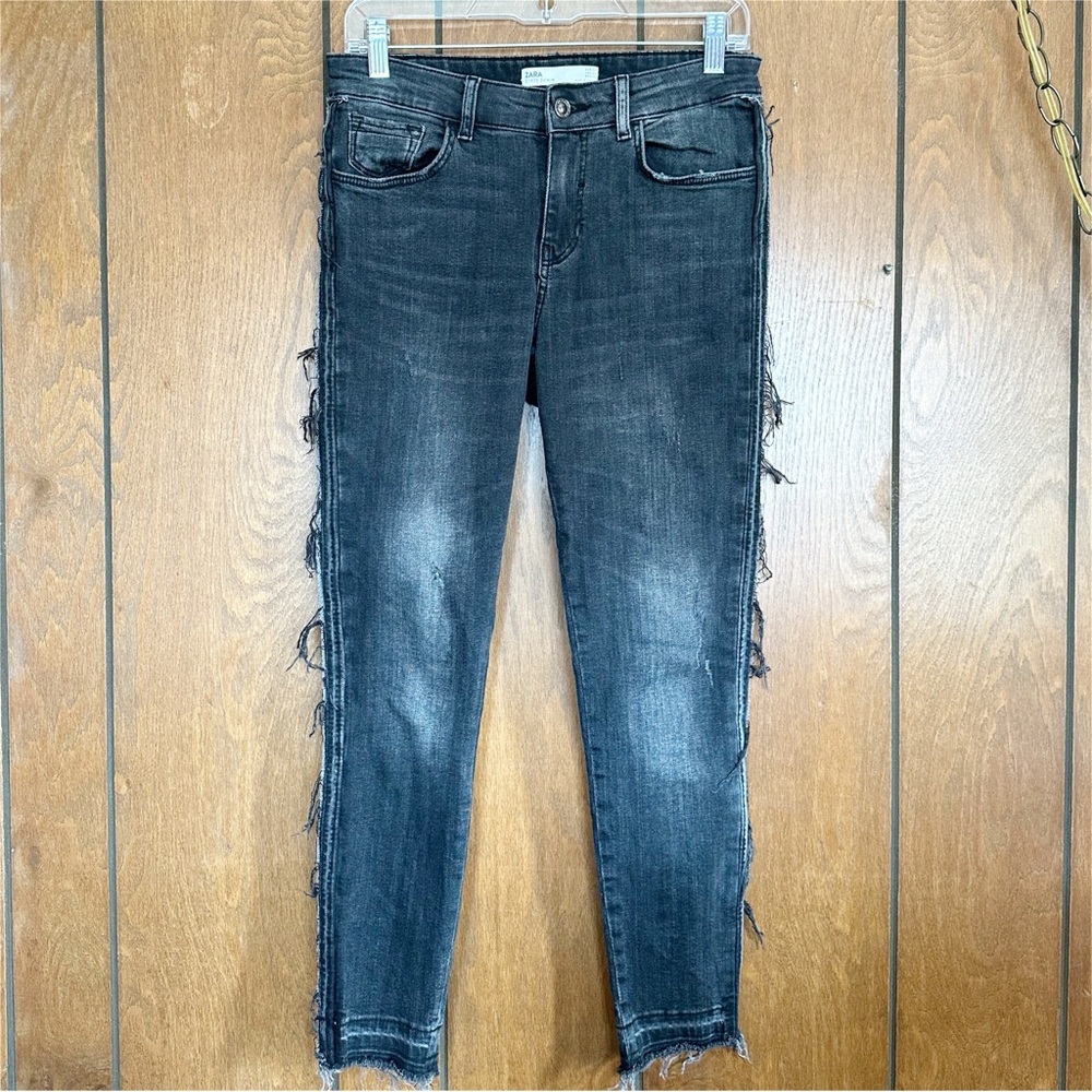 Zara Frayed Side Hem Black Washed Jeans